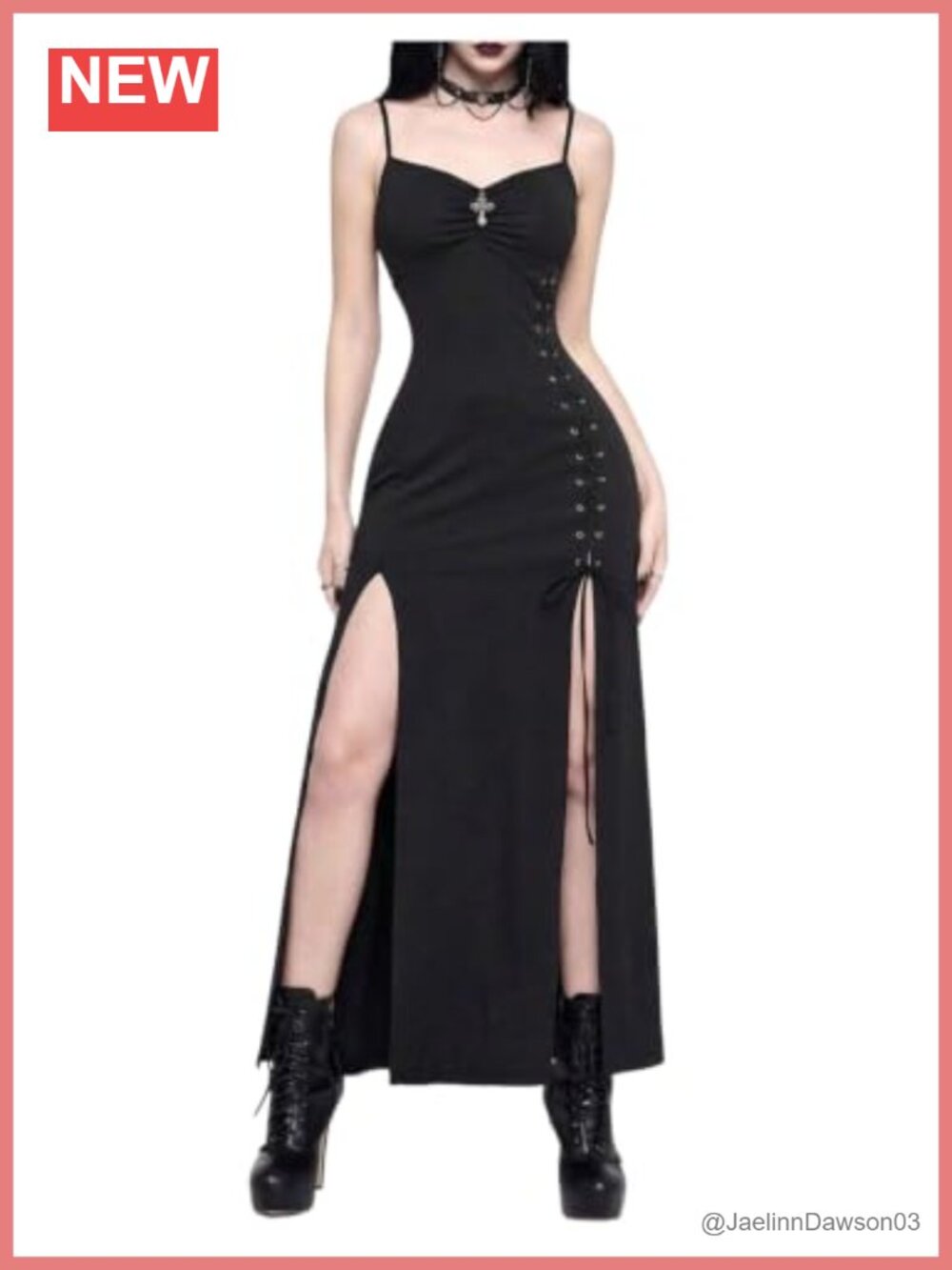 Goth High Slit Cross Lace-Up Maxi Dress Spaghetti Strap Bodycon
